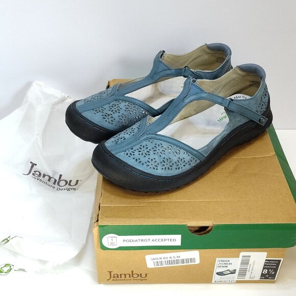 Jambu Creek Denim Daffodil Classic T-Strap Flats Mary Janes 8.5M Adjustable EUC - Picture 1 of 12